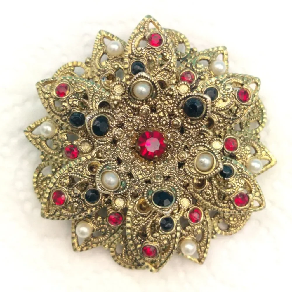 W. GERMANY Ornate Filigree Flower Brooch Pin 1.75